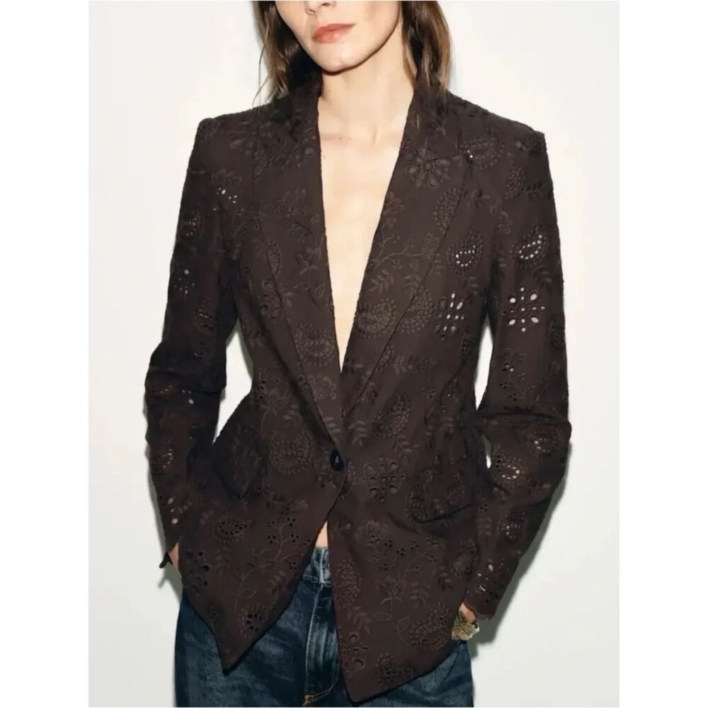 NEW ZARA Women Brown Paisley Floral Eyelet Embroidery One Button Blazer Jacket